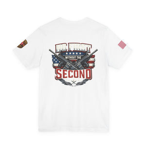 T-Shirt — Born Without the Second (Pro-2A American Flag Rifle Back Print)