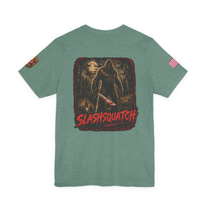 SlashSquatch Horror Graphic Tee — 'The Legend Hunts Back' Bigfoot Slasher Shirt