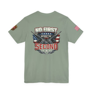T-Shirt — Born Without the Second (Pro-2A American Flag Rifle Back Print)