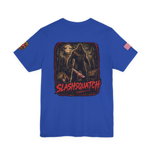 SlashSquatch Horror Graphic Tee — 'The Legend Hunts Back' Bigfoot Slasher Shirt