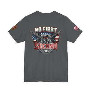 T-Shirt — Born Without the Second (Pro-2A American Flag Rifle Back Print)
