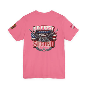 T-Shirt — Born Without the Second (Pro-2A American Flag Rifle Back Print)