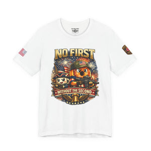 No First Without the Second Graphic Tee — Patriotic Military Fireworks Design
