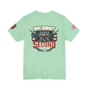 T-Shirt — Born Without the Second (Pro-2A American Flag Rifle Back Print)