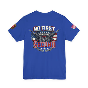 T-Shirt — Born Without the Second (Pro-2A American Flag Rifle Back Print)