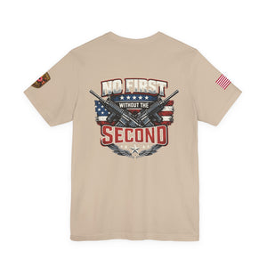 T-Shirt — Born Without the Second (Pro-2A American Flag Rifle Back Print)