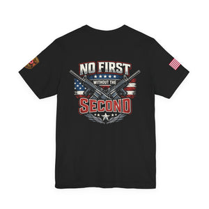 T-Shirt — Born Without the Second (Pro-2A American Flag Rifle Back Print)