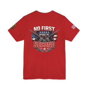 T-Shirt — Born Without the Second (Pro-2A American Flag Rifle Back Print)
