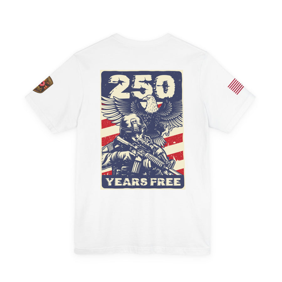 250 Years Free Patriotic T-Shirt — American Flag Eagle Military Graphic Tee