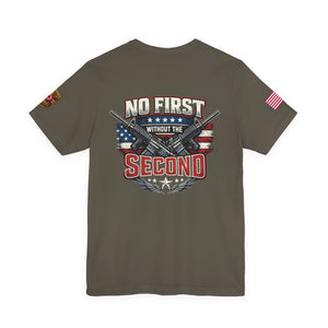 T-Shirt — Born Without the Second (Pro-2A American Flag Rifle Back Print)